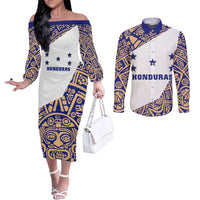 Honduras Couples Matching Off The Shoulder Long Sleeve Dress and Long Sleeve Button Shirt National Emblem Blended with Traditional Patterns - Cultural Heritage Design