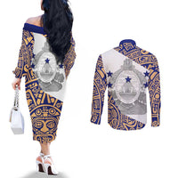 Honduras Couples Matching Off The Shoulder Long Sleeve Dress and Long Sleeve Button Shirt National Emblem Blended with Traditional Patterns - Cultural Heritage Design