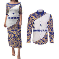 Honduras Couples Matching Puletasi and Long Sleeve Button Shirt National Emblem Blended with Traditional Patterns - Cultural Heritage Design