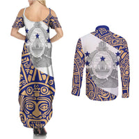 Honduras Couples Matching Summer Maxi Dress and Long Sleeve Button Shirt National Emblem Blended with Traditional Patterns - Cultural Heritage Design