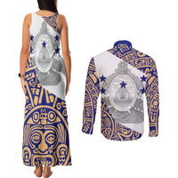 Honduras Couples Matching Tank Maxi Dress and Long Sleeve Button Shirt National Emblem Blended with Traditional Patterns - Cultural Heritage Design