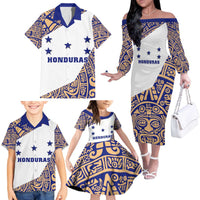 Honduras Family Matching Off The Shoulder Long Sleeve Dress and Hawaiian Shirt National Emblem Blended with Traditional Patterns - Cultural Heritage Design