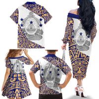 Honduras Family Matching Off The Shoulder Long Sleeve Dress and Hawaiian Shirt National Emblem Blended with Traditional Patterns - Cultural Heritage Design