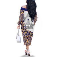Honduras Family Matching Off The Shoulder Long Sleeve Dress and Hawaiian Shirt National Emblem Blended with Traditional Patterns - Cultural Heritage Design