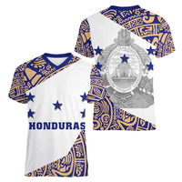 Honduras Women V-Neck T-Shirt National Emblem Blended with Traditional Patterns - Cultural Heritage Design