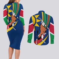 Namibia National Emblem Couples Matching Long Sleeve Bodycon Dress and Long Sleeve Button Shirt Flag Colors & Symbolic Animals Design