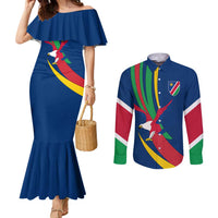 Namibia National Emblem Couples Matching Mermaid Dress and Long Sleeve Button Shirt Flag Colors & Symbolic Animals Design