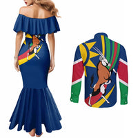 Namibia National Emblem Couples Matching Mermaid Dress and Long Sleeve Button Shirt Flag Colors & Symbolic Animals Design
