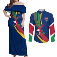 Namibia National Emblem Couples Matching Off Shoulder Maxi Dress and Long Sleeve Button Shirt Flag Colors & Symbolic Animals Design