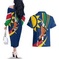 Namibia National Emblem Couples Matching Off The Shoulder Long Sleeve Dress and Hawaiian Shirt Flag Colors & Symbolic Animals Design
