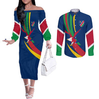 Namibia National Emblem Couples Matching Off The Shoulder Long Sleeve Dress and Long Sleeve Button Shirt Flag Colors & Symbolic Animals Design