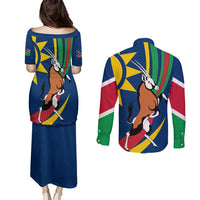 Namibia National Emblem Couples Matching Puletasi and Long Sleeve Button Shirt Flag Colors & Symbolic Animals Design