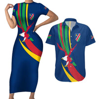 Namibia National Emblem Couples Matching Short Sleeve Bodycon Dress and Hawaiian Shirt Flag Colors & Symbolic Animals Design
