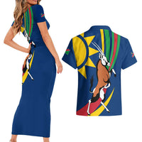 Namibia National Emblem Couples Matching Short Sleeve Bodycon Dress and Hawaiian Shirt Flag Colors & Symbolic Animals Design