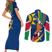 Namibia National Emblem Couples Matching Short Sleeve Bodycon Dress and Long Sleeve Button Shirt Flag Colors & Symbolic Animals Design