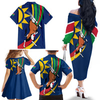 Namibia National Emblem Family Matching Off The Shoulder Long Sleeve Dress and Hawaiian Shirt Flag Colors & Symbolic Animals Design
