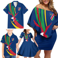 Namibia National Emblem Family Matching Off Shoulder Short Dress and Hawaiian Shirt Flag Colors & Symbolic Animals Design