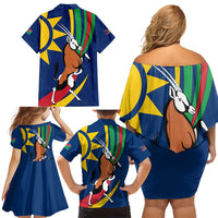 Namibia National Emblem Family Matching Off Shoulder Short Dress and Hawaiian Shirt Flag Colors & Symbolic Animals Design