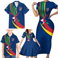 Namibia National Emblem Family Matching Short Sleeve Bodycon Dress and Hawaiian Shirt Flag Colors & Symbolic Animals Design