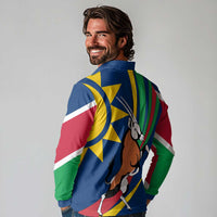 Namibia National Emblem Long Sleeve Polo Shirt Flag Colors & Symbolic Animals Design