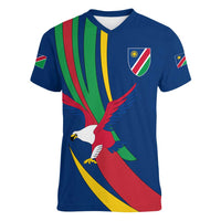 Namibia National Emblem Women V-Neck T-Shirt Flag Colors & Symbolic Animals Design