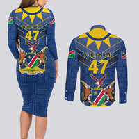 Namibia National Emblem Couples Matching Long Sleeve Bodycon Dress and Long Sleeve Button Shirt Sporty Style with Traditional Patterns
