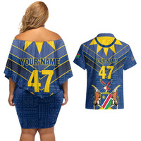 Namibia National Emblem Couples Matching Off Shoulder Short Dress and Hawaiian Shirt Sporty Style with Traditional Patterns