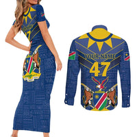 Namibia National Emblem Couples Matching Short Sleeve Bodycon Dress and Long Sleeve Button Shirt Sporty Style with Traditional Patterns TS04