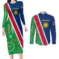 Namibia Flag Couples Matching Long Sleeve Bodycon Dress and Long Sleeve Button Shirt Detailed Design with Traditional Patterns