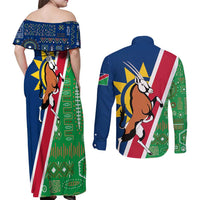 Namibia Flag Couples Matching Off Shoulder Maxi Dress and Long Sleeve Button Shirt Detailed Design with Traditional Patterns