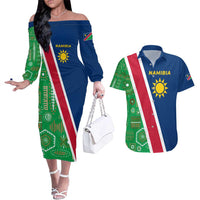 Namibia Flag Couples Matching Off The Shoulder Long Sleeve Dress and Hawaiian Shirt Detailed Design with Traditional Patterns