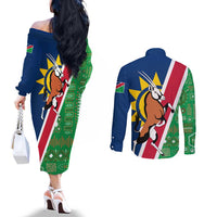 Namibia Flag Couples Matching Off The Shoulder Long Sleeve Dress and Long Sleeve Button Shirt Detailed Design with Traditional Patterns