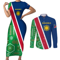 Namibia Flag Couples Matching Short Sleeve Bodycon Dress and Long Sleeve Button Shirt Detailed Design with Traditional Patterns