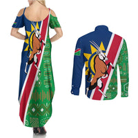 Namibia Flag Couples Matching Summer Maxi Dress and Long Sleeve Button Shirt Detailed Design with Traditional Patterns