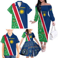 Namibia Flag Family Matching Off The Shoulder Long Sleeve Dress and Hawaiian Shirt Detailed Design with Traditional Patterns
