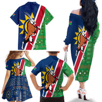 Namibia Flag Family Matching Off The Shoulder Long Sleeve Dress and Hawaiian Shirt Detailed Design with Traditional Patterns