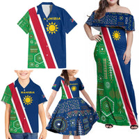 Namibia Flag Family Matching Off Shoulder Maxi Dress and Hawaiian Shirt Detailed Design with Traditional Patterns