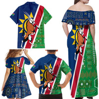Namibia Flag Family Matching Off Shoulder Maxi Dress and Hawaiian Shirt Detailed Design with Traditional Patterns