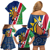 Namibia Flag Family Matching Off Shoulder Short Dress and Hawaiian Shirt Detailed Design with Traditional Patterns