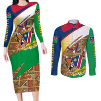 Namibia Map Couples Matching Long Sleeve Bodycon Dress and Long Sleeve Button Shirt National Emblem & Cultural Motif Design