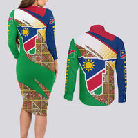 Namibia Map Couples Matching Long Sleeve Bodycon Dress and Long Sleeve Button Shirt National Emblem & Cultural Motif Design