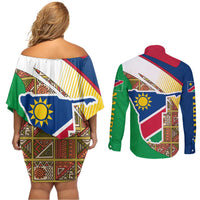 Namibia Map Couples Matching Off Shoulder Short Dress and Long Sleeve Button Shirt National Emblem & Cultural Motif Design