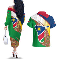 Namibia Map Couples Matching Off The Shoulder Long Sleeve Dress and Hawaiian Shirt National Emblem & Cultural Motif Design