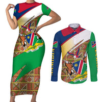 Namibia Map Couples Matching Short Sleeve Bodycon Dress and Long Sleeve Button Shirt National Emblem & Cultural Motif Design