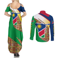 Namibia Map Couples Matching Summer Maxi Dress and Long Sleeve Button Shirt National Emblem & Cultural Motif Design