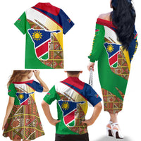 Namibia Map Family Matching Off The Shoulder Long Sleeve Dress and Hawaiian Shirt National Emblem & Cultural Motif Design