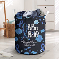His Fight Is My Fight Colorectal Cancer Awareness Laundry Basket Blue Ribbon Heart Pattern Illustration