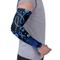 His Fight Is My Fight Colorectal Cancer Awareness Arm Sleeves Blue Ribbon Heart Pattern Illustration