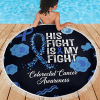 His Fight Is My Fight Colorectal Cancer Awareness Beach Blanket Blue Ribbon Heart Pattern Illustration