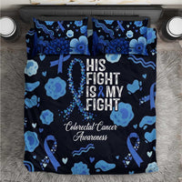His Fight Is My Fight Colorectal Cancer Awareness Bedding Set Blue Ribbon Heart Pattern Illustration